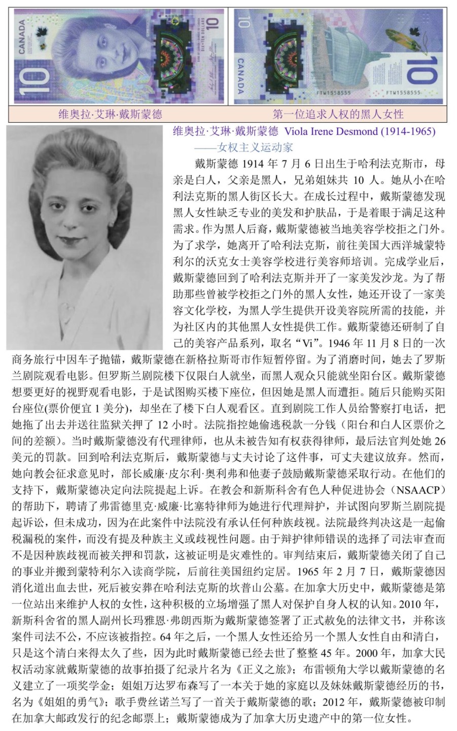 为黑人女性争取人权的加拿大民权运动家“维奥拉·艾琳·戴斯蒙德”