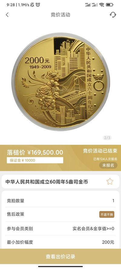 行情|价值近17万的金币，👍🏻
2009年中华人民共和国成立60周年5盎司圆形金币
5.27成交价169500，出价252次
