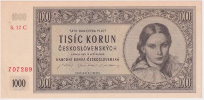 捷克斯洛伐克1945年1000克朗纸钞正面的女性肖像