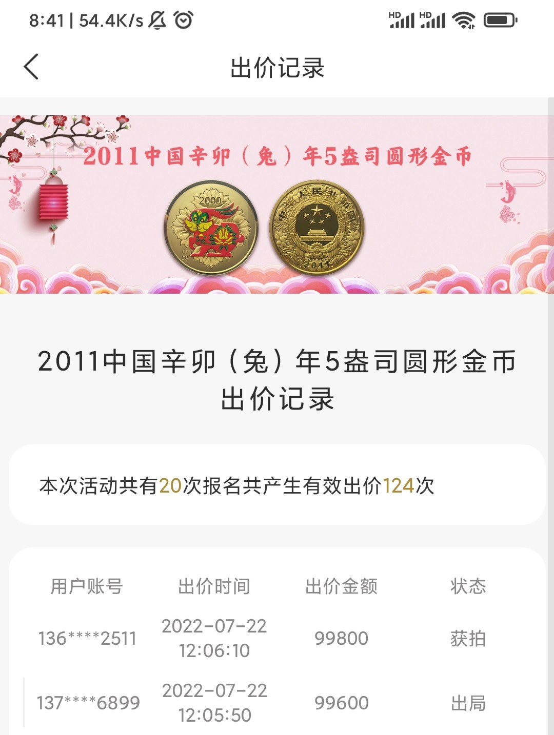 行情|价值近十万的金币
2011中国辛卯兔年5盎司圆形金币
发行单位：中国人民银行，法定货币
材质：999纯金
7.22成交价99800，出价124次。
欢迎关注，获得更多纪念币行情。