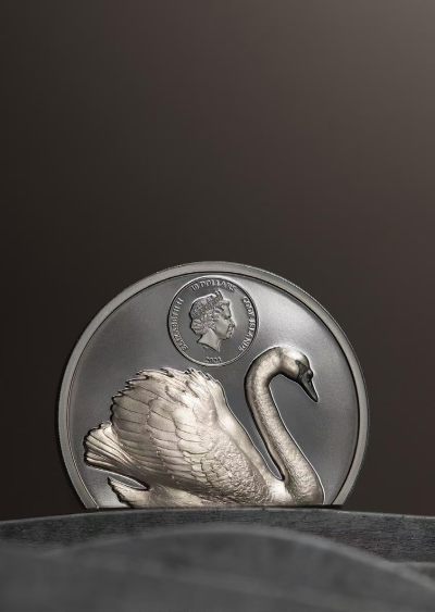 【新品速递】库克2023年黑天鹅双面高浮雕异形银币，999银2盎司，直径38.61毫米，发行2500枚，带证书包装。