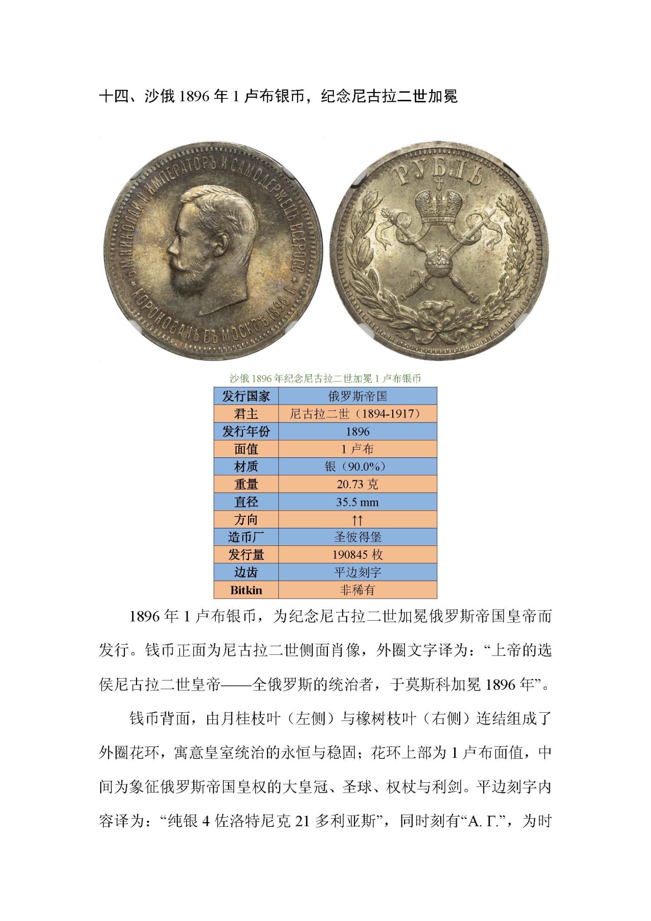 帝国遗珠——俄罗斯帝国纪念币浅析