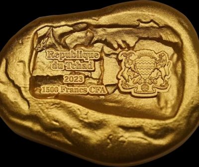 世界上最早的金属铸币一般认为是小亚细亚的吕底亚狮子金币，乍得2023吕底亚狮子和公牛复刻金币纪念币，面值1500法郎，999银15克，25x19毫米，发行333枚，带证书包装。(2023年11月到货发货)