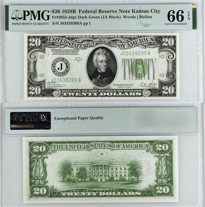 美国1928B年版20美元 PMG66EPQ