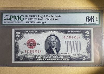 美国1928G年版2美元政府券（红库印）PMG66分