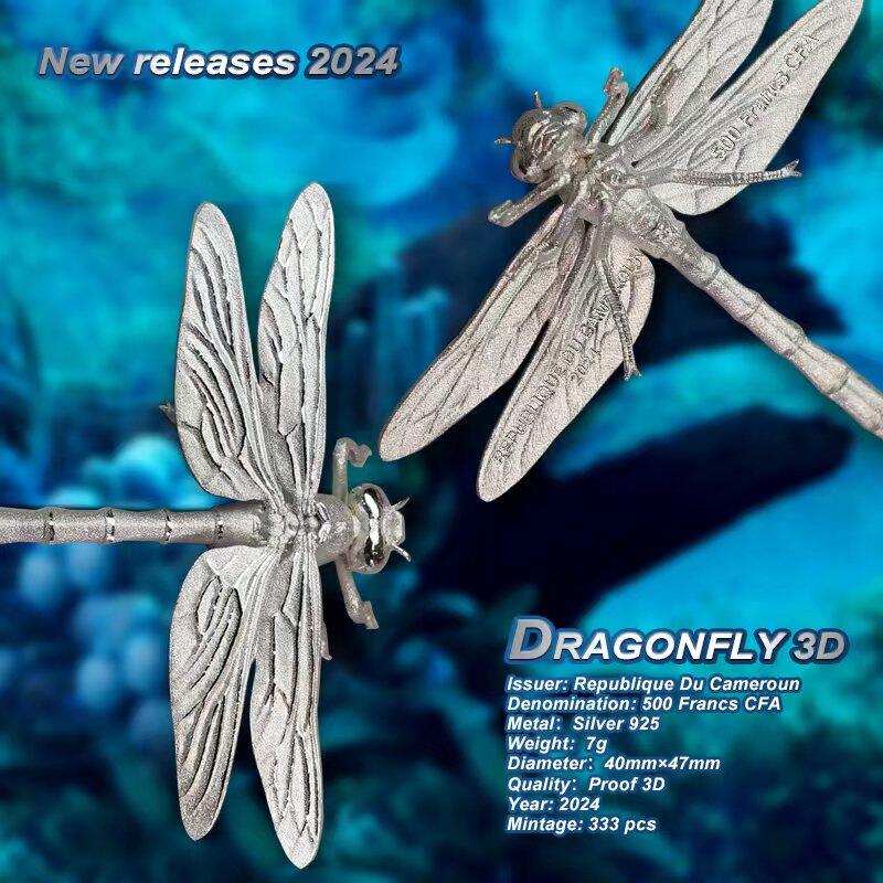 【新品速递】世界第一枚仿真昆虫3D立体银币喀麦隆2024年蜻蜓纪念币，925银7克，规格47/40毫米，发行333枚，发行价468元，2024年7月现货 新奇特钱币典型代表，势必大热。