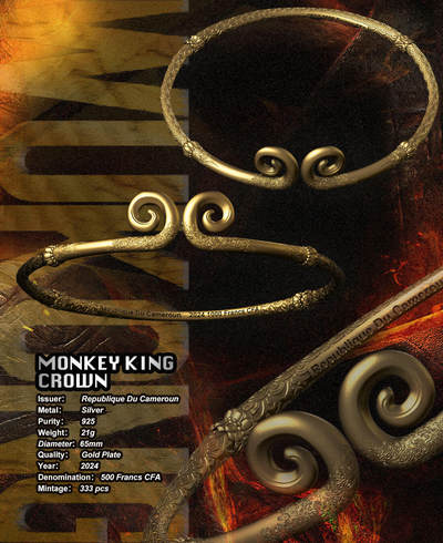 喀麦隆2024孙悟空Monkey King之紧箍咒镀金手环式银币来了，银21克镀金，直径65毫米，可穿戴式设计，发行333枚，建议售价598元，预计9/10月份到货，欢迎垂询合作[握手]