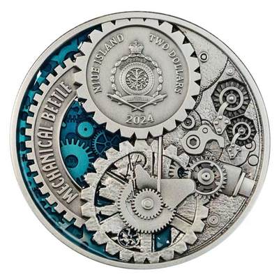 【新品速递】纽埃2024年朋克艺术甲虫高浮雕镶嵌银币，纯银2盎司，直径50毫米，发行量仅199枚，带证书包装，10月现货，建议售价1680元，感兴趣的朋友欢迎垂询订购。
