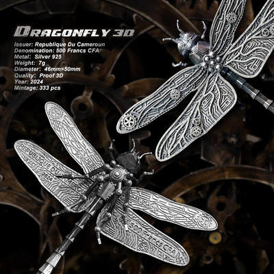 【新品速递】喀麦隆机械朋克仿真昆虫蜻蜓3D立体银币，925银7克，规格50/46毫米，发行333枚，发行价468元，2024年11月现货，新奇特钱币，请尽快锁定份额[握手]
