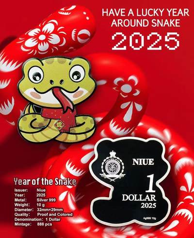 纽埃2025年快乐蛇宝宝卡通龙彩色银币发行，999银10克，28x32毫米，发行888枚，带证书包装。