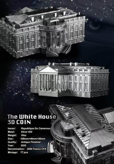 下周世界新闻的焦点将聚焦美国白宫，值此时刻喀麦隆发行了2025年美国白宫3D立体银币，925银10盎司，108/95/46毫米，发行77枚，发行价格8500元，预计2025年2月到货。
