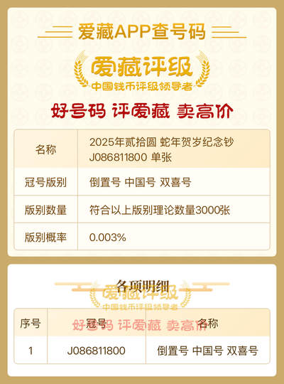 2025年贰拾圆 蛇年贺岁纪念钞
J086811800 单张