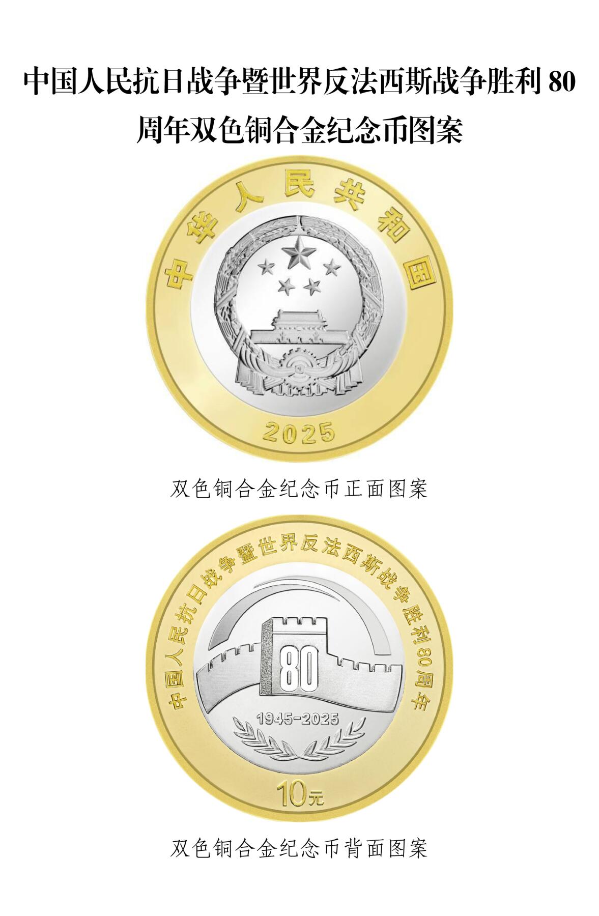中国人民抗日战争暨世界反法西斯战争胜利80
周年双色铜合金纪念币