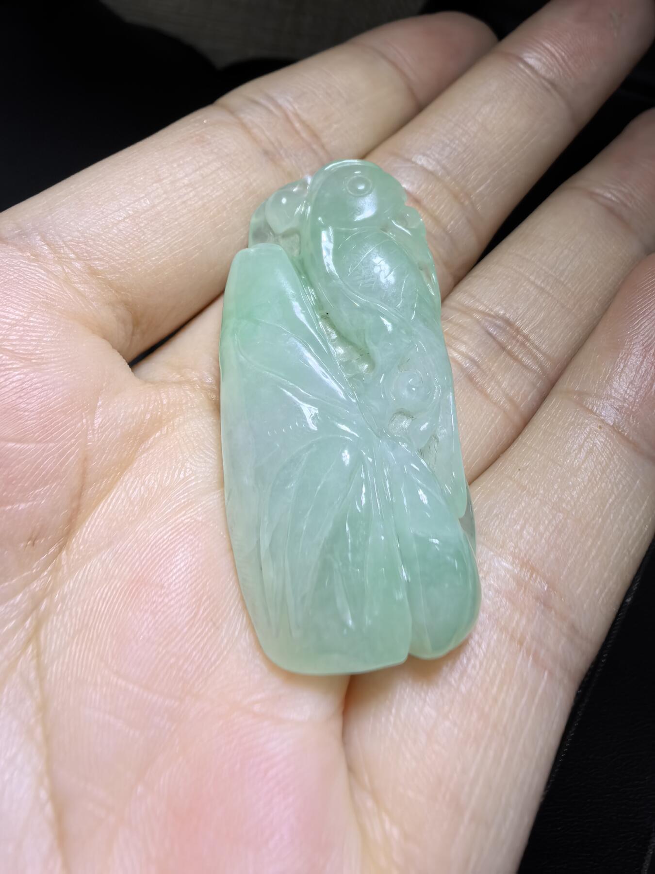 纯天然A货翡翠喜上眉梢吊坠挂件男女款，老坑料，清新淡雅，水润冰透，双面雕刻，尺寸:40mm*19mm，实物实拍，所见即所得！