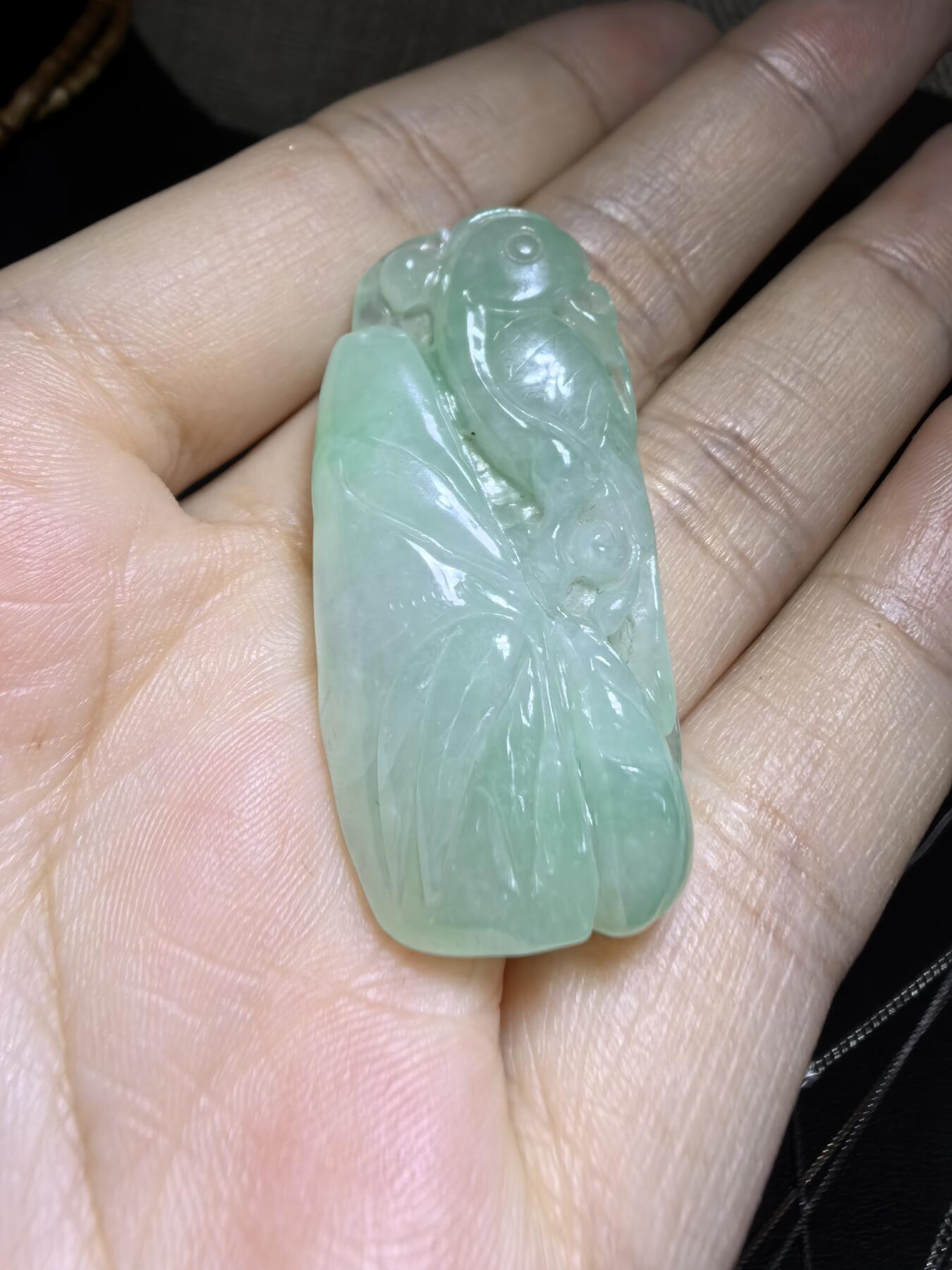 纯天然A货翡翠喜上眉梢吊坠挂件男女款，老坑料，清新淡雅，水润冰透，双面雕刻，尺寸:40mm*19mm，实物实拍，所见即所得！