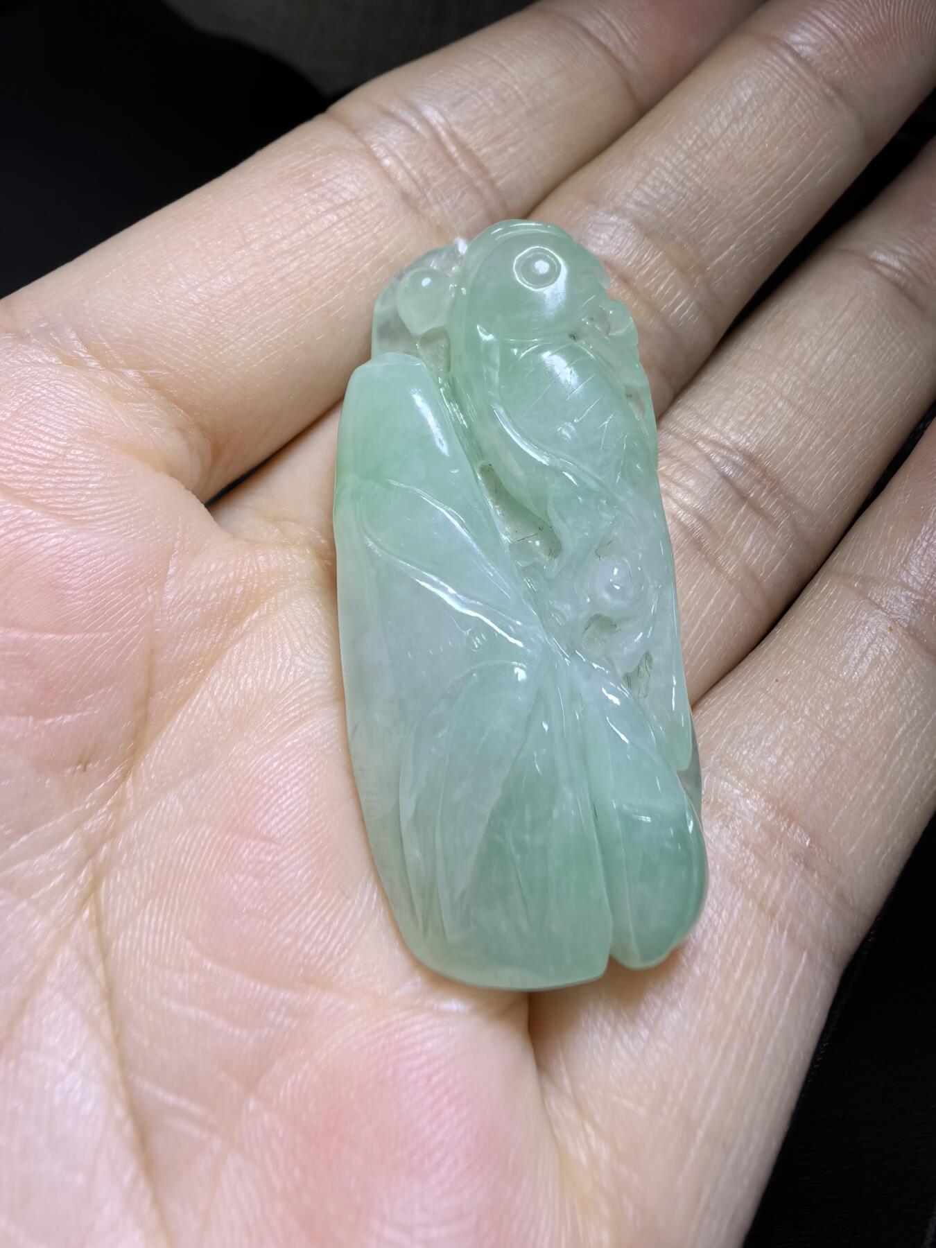 纯天然A货翡翠喜上眉梢吊坠挂件男女款，老坑料，清新淡雅，水润冰透，双面雕刻，尺寸:40mm*19mm，实物实拍，所见即所得！