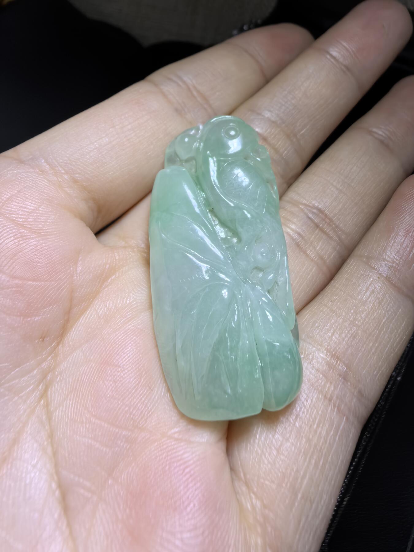 纯天然A货翡翠喜上眉梢吊坠挂件男女款，老坑料，清新淡雅，水润冰透，双面雕刻，尺寸:40mm*19mm，实物实拍，所见即所得！