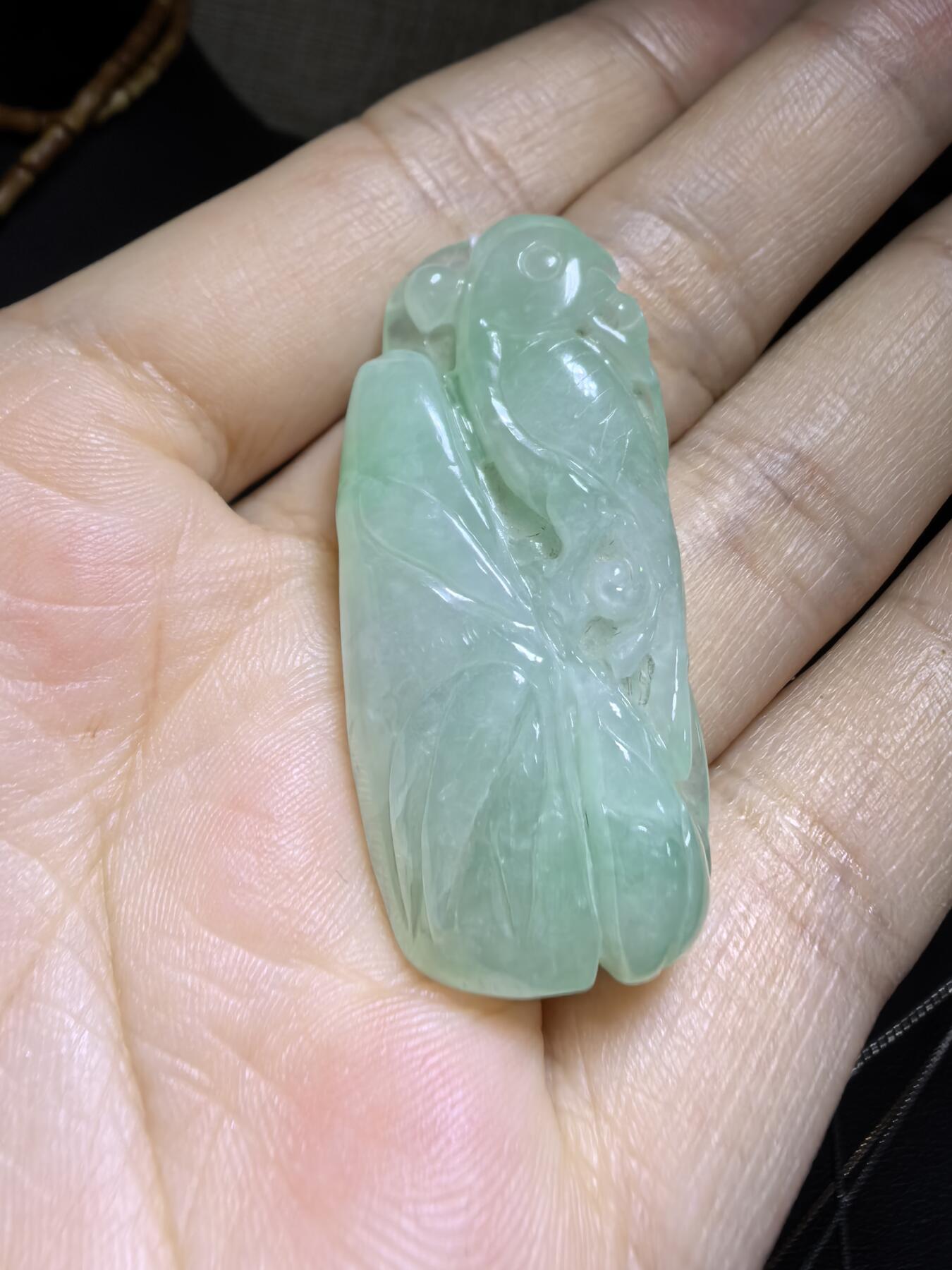 纯天然A货翡翠喜上眉梢吊坠挂件男女款，老坑料，清新淡雅，水润冰透，双面雕刻，尺寸:40mm*19mm，实物实拍，所见即所得！