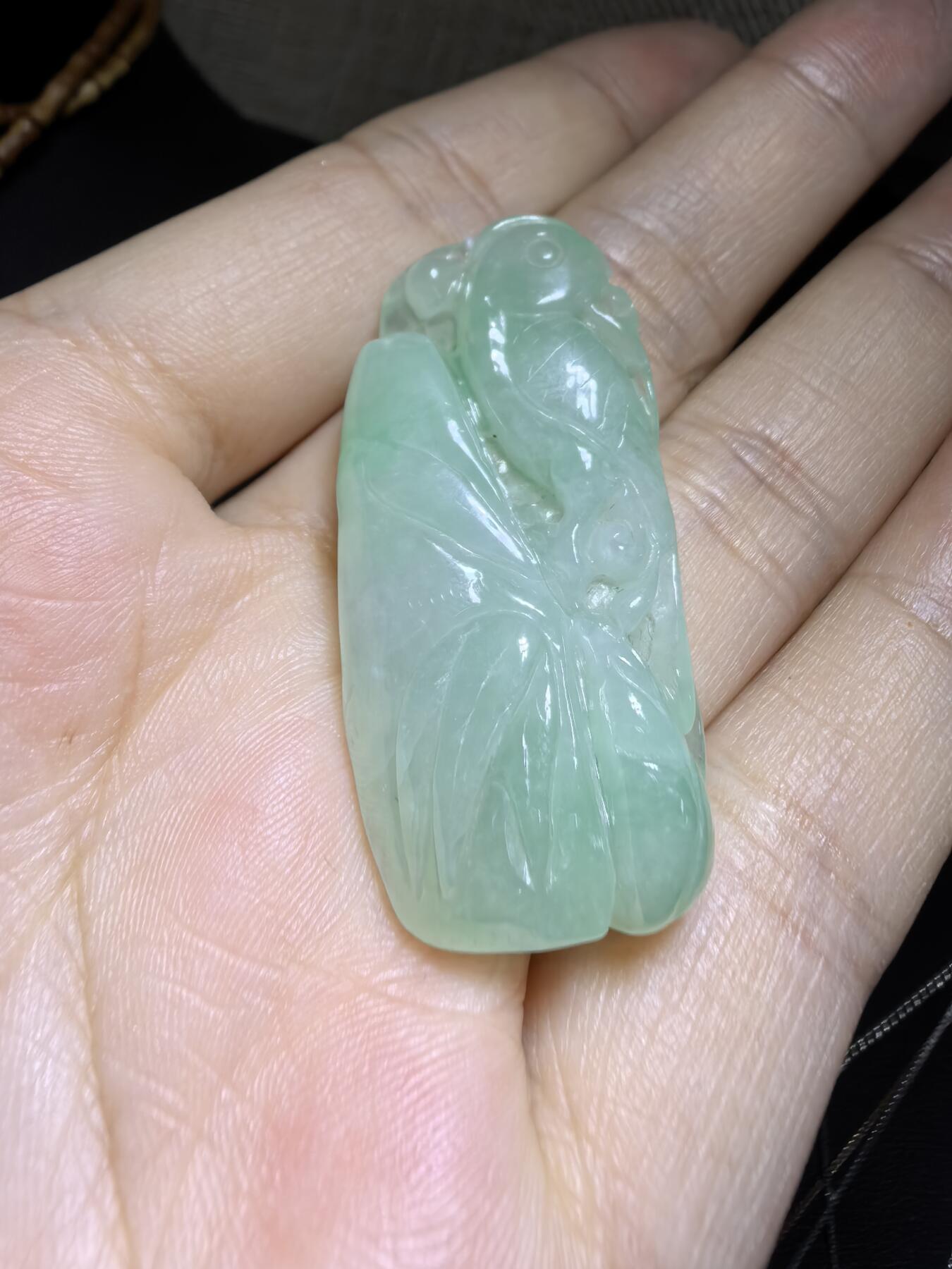 纯天然A货翡翠喜上眉梢吊坠挂件男女款，老坑料，清新淡雅，水润冰透，双面雕刻，尺寸:40mm*19mm，实物实拍，所见即所得！