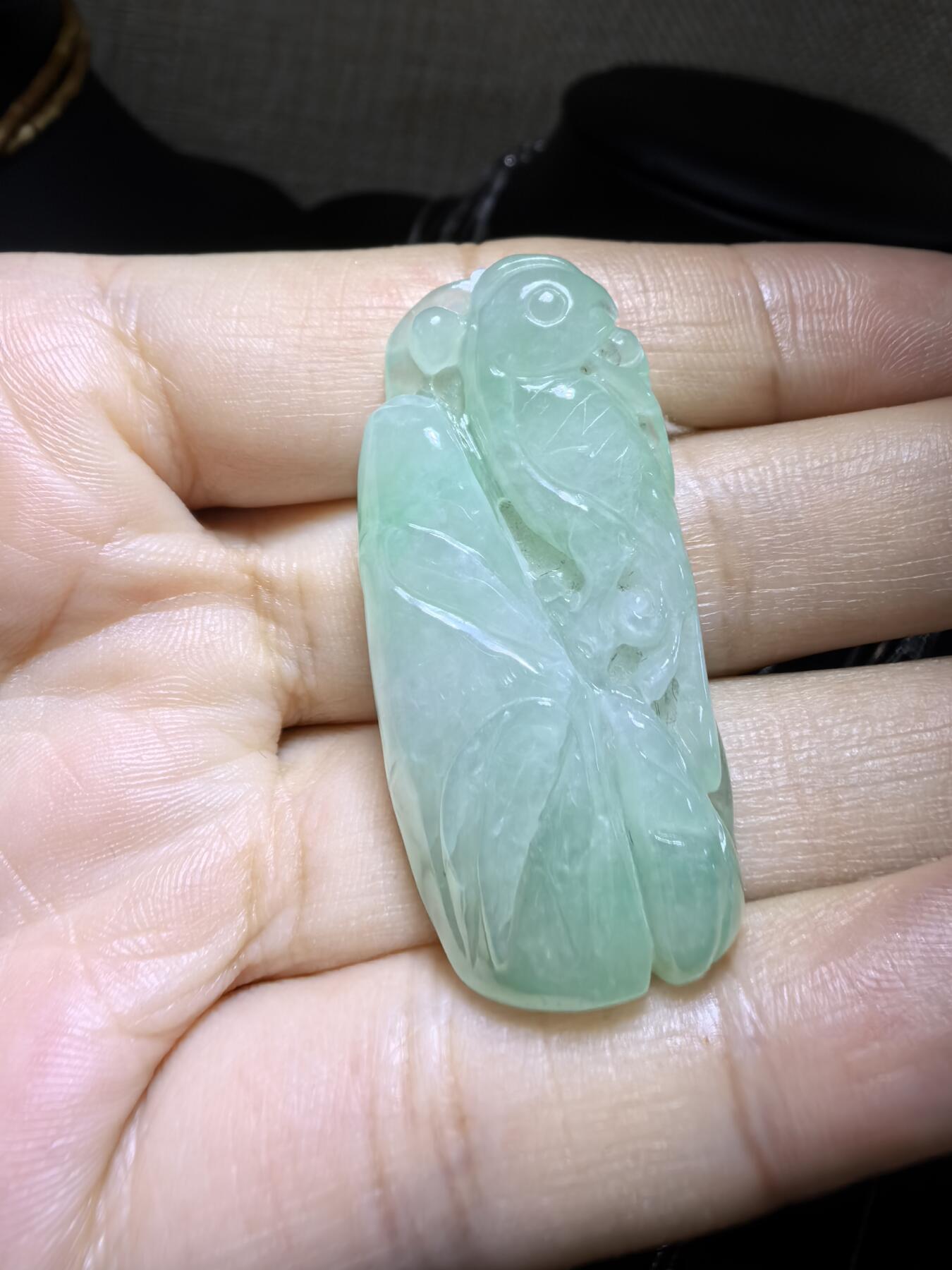 纯天然A货翡翠喜上眉梢吊坠挂件男女款，老坑料，清新淡雅，水润冰透，双面雕刻，尺寸:40mm*19mm，实物实拍，所见即所得！