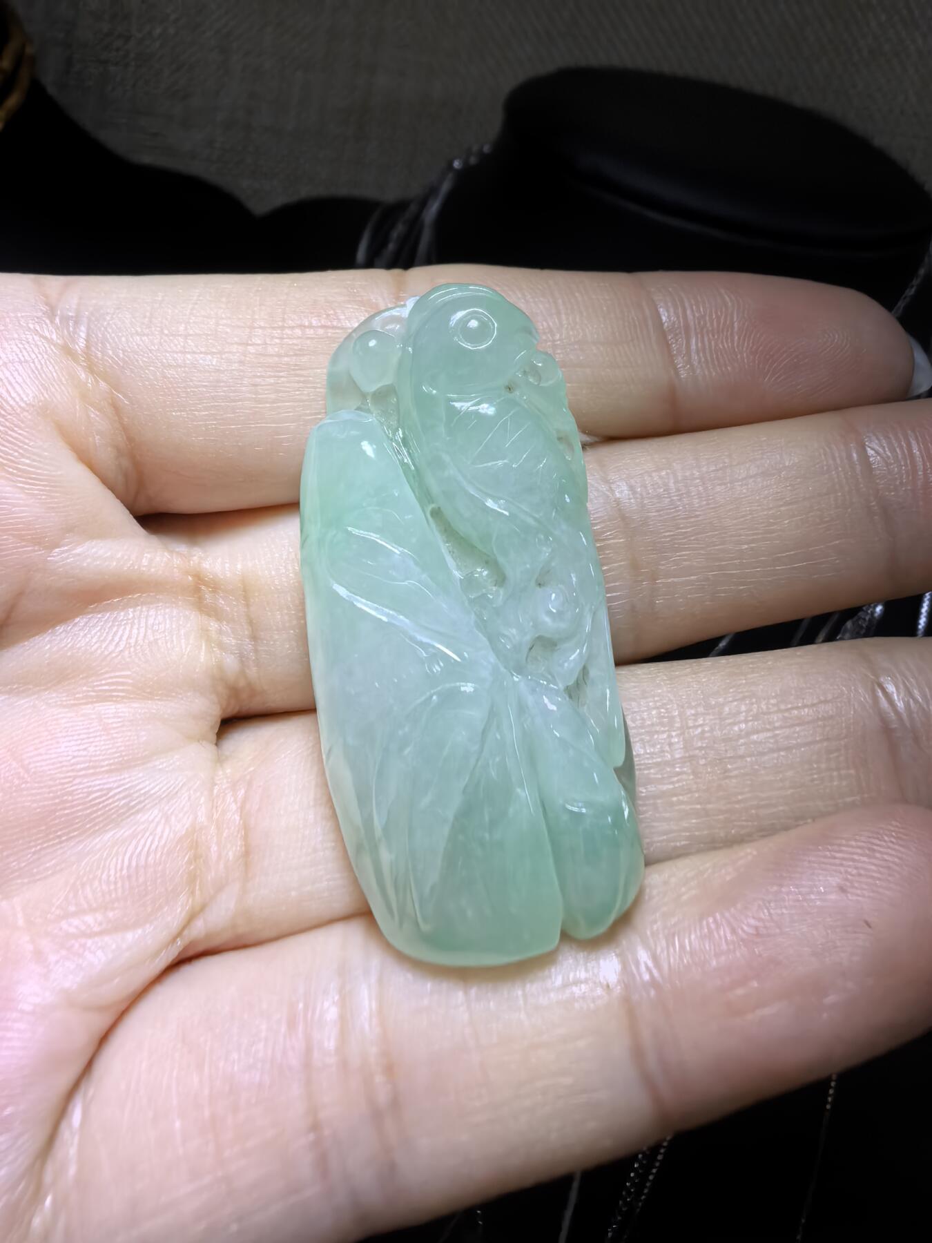 纯天然A货翡翠喜上眉梢吊坠挂件男女款，老坑料，清新淡雅，水润冰透，双面雕刻，尺寸:40mm*19mm，实物实拍，所见即所得！