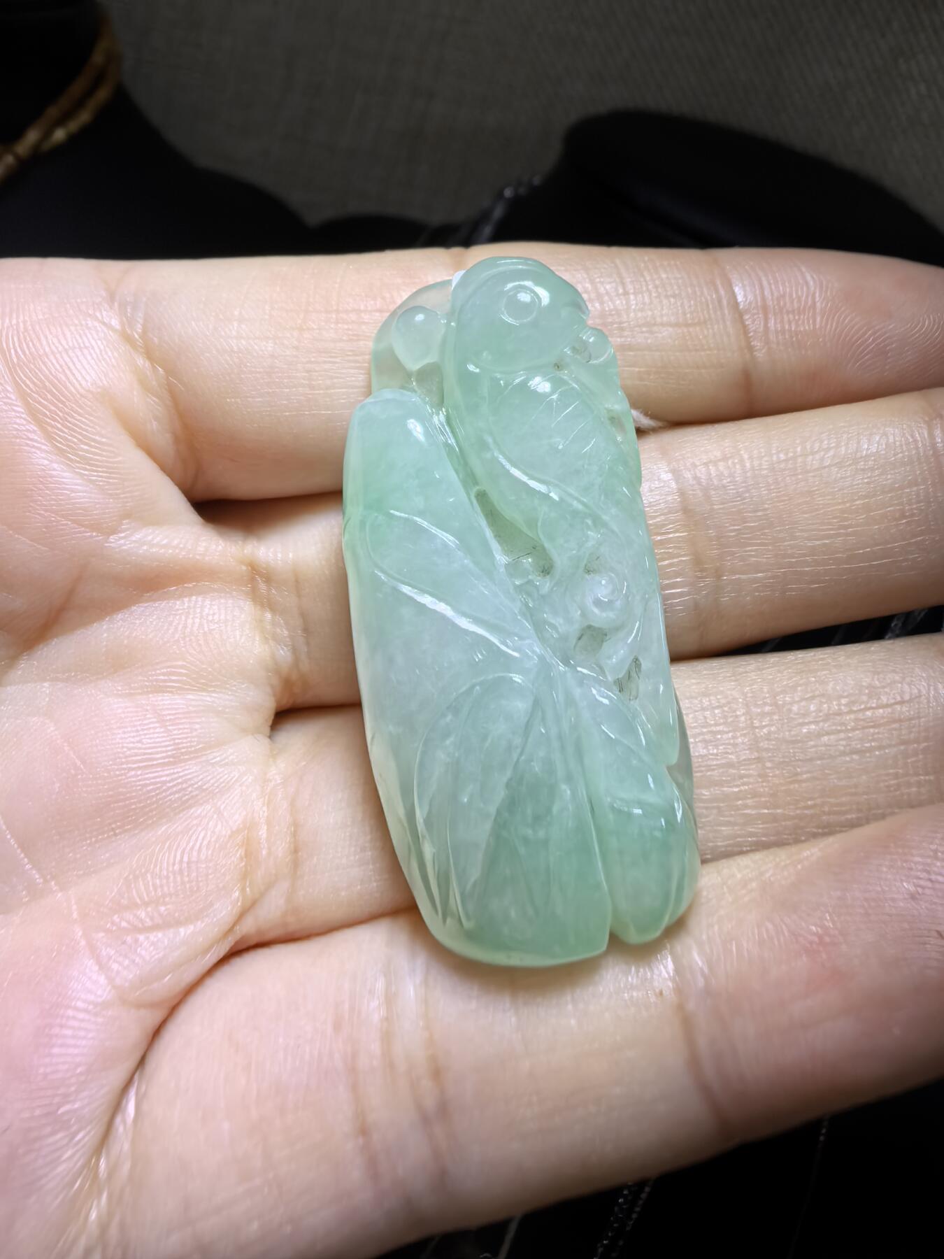 纯天然A货翡翠喜上眉梢吊坠挂件男女款，老坑料，清新淡雅，水润冰透，双面雕刻，尺寸:40mm*19mm，实物实拍，所见即所得！