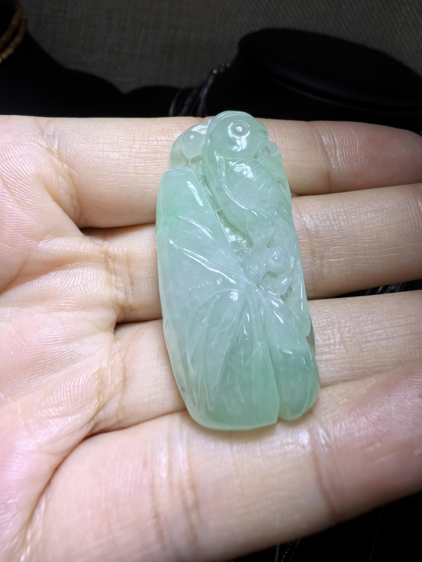 纯天然A货翡翠喜上眉梢吊坠挂件男女款，老坑料，清新淡雅，水润冰透，双面雕刻，尺寸:40mm*19mm，实物实拍，所见即所得！
