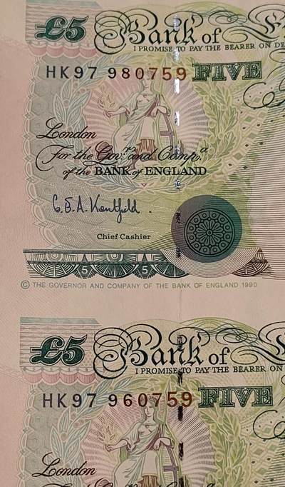 英语发行香港回归 HK97冠号5英镑纪念双联钞