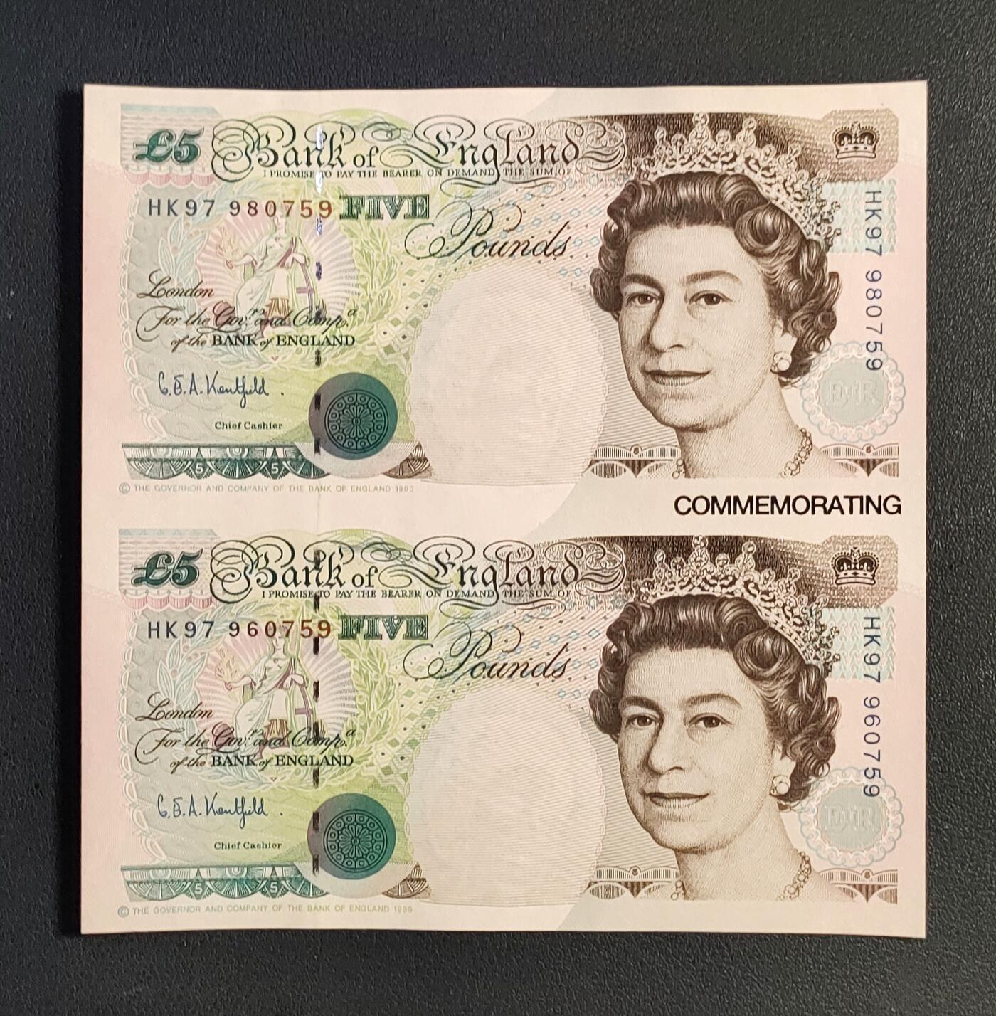 英语发行香港回归 HK97冠号5英镑纪念双联钞