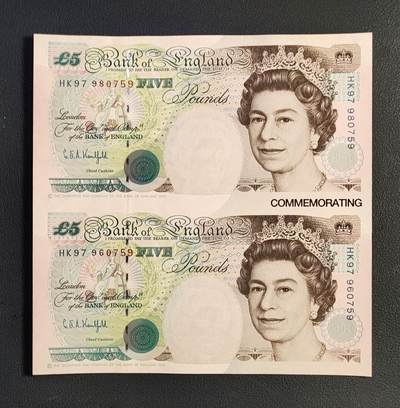 英语发行香港回归 HK97冠号5英镑纪念双联钞