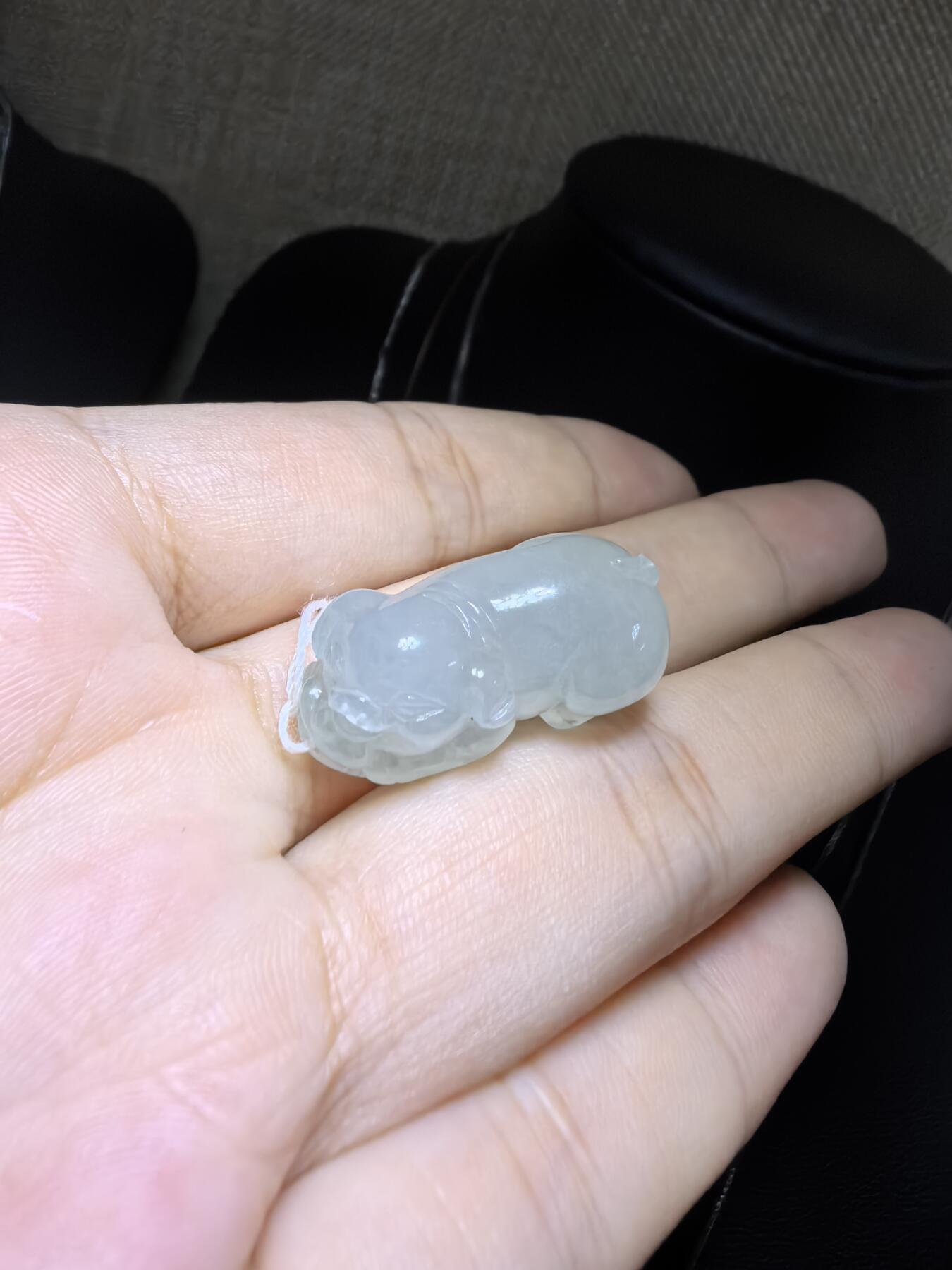 纯天然翡翠老坑料冰晴福猪，水润冰透，精雕细琢，憨态可掬，小巧精致。尺寸：2.6cm*1.3cm*1.15cm实物实拍，所见即所得。