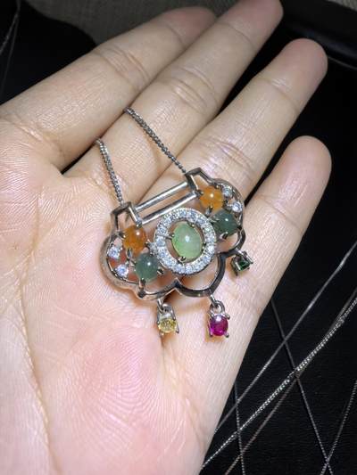 纯天然翡翠银镶黄翡绿翠富贵如意锁，尺寸：2.8cm*2.1cm