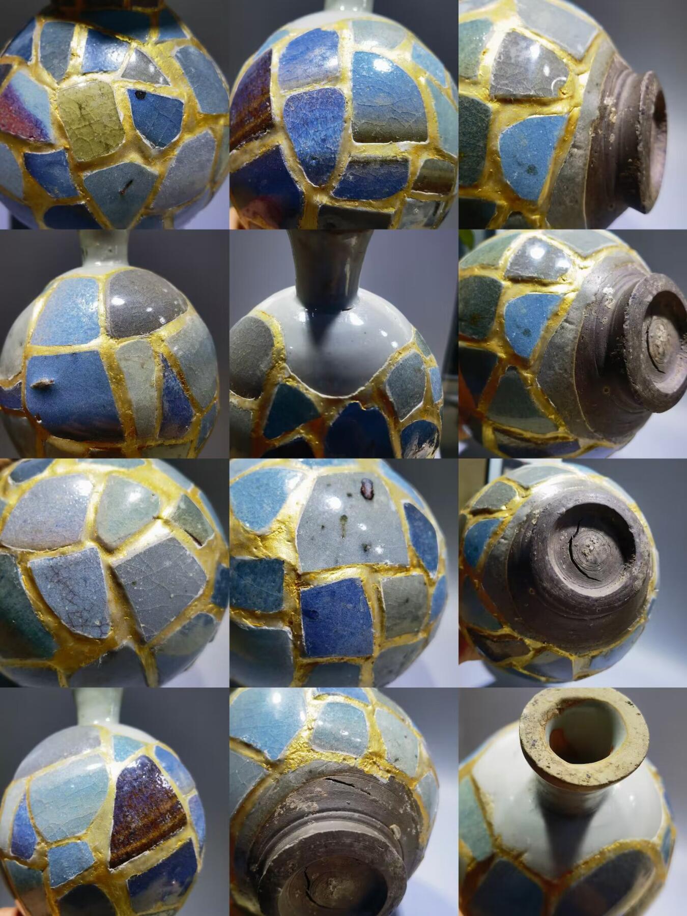 元代钧窑葫芦宝瓶摆件，手工DIY高订每片瓷片包老到代，用瓷片约一百一二十片，精致打磨拼接而成，外表金粉勾缝，纯手工活，从构思画图到成品耗时半月有余！独一无二！瓷片界的天花板！
尺寸：高约34cm*底腹宽约15cm