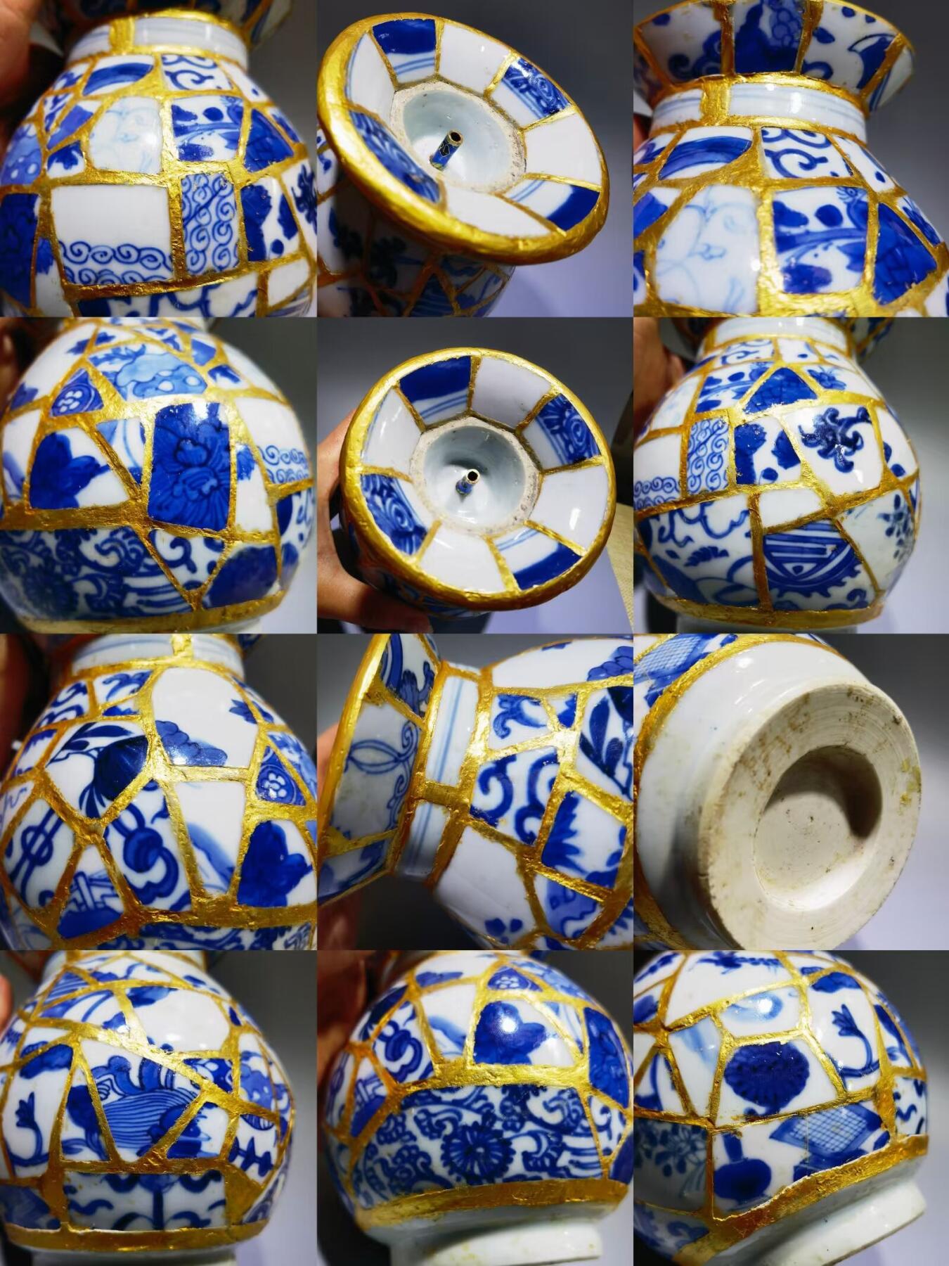 纯手工匠人精工细作DIY青花老瓷片香插罐每片瓷片包老到代，用瓷片约一百多片，精致打磨拼接而成，外表金粉勾缝，纯手工活从构思画图到成品耗时半月有余！独一无二！瓷片界的天花板！
尺寸：高约14cm*腹宽约11cm