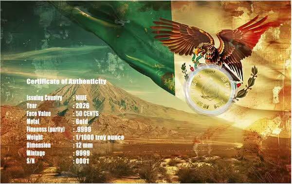 纽埃2026年墨西哥独立天使自由女神类精制纪念金币卡币