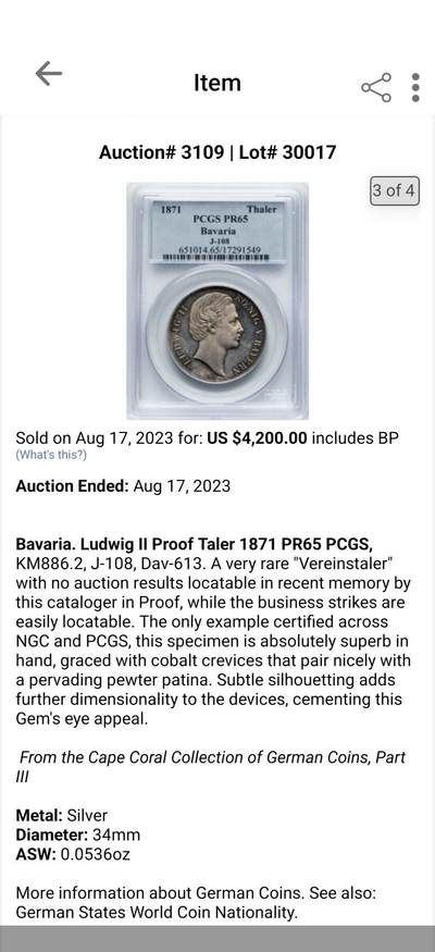NGC MS61 1871年德国巴伐利亚路德维希二世双狮护盾流通1泰勒 罕见的J.Ries版胜利泰勒头像 区别之前的G.Voigt版头像 路二1T中最难名誉品 原味银霜转光 欧拍价格居高不下的罕见品种