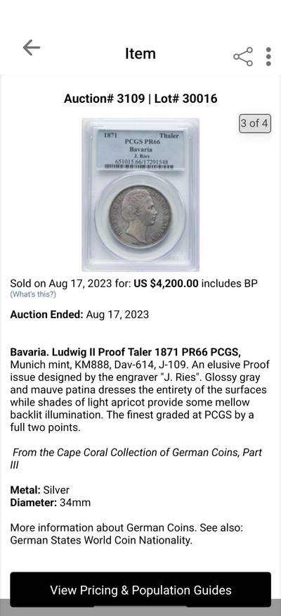 NGC MS61 1871年德国巴伐利亚路德维希二世双狮护盾流通1泰勒 罕见的J.Ries版胜利泰勒头像 区别之前的G.Voigt版头像 路二1T中最难名誉品 原味银霜转光 欧拍价格居高不下的罕见品种