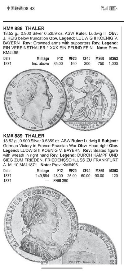 NGC MS61 1871年德国巴伐利亚路德维希二世双狮护盾流通1泰勒 罕见的J.Ries版胜利泰勒头像 区别之前的G.Voigt版头像 路二1T中最难名誉品 原味银霜转光 欧拍价格居高不下的罕见品种