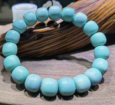 高瓷蓝松石桶珠手串佛珠男女款，高瓷蓝绿松石桶珠手串瓷度极高无铁线无杂质克重:37.2