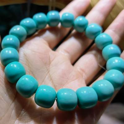 高瓷蓝松石桶珠手串佛珠男女款，高瓷蓝绿松石桶珠手串瓷度极高无铁线无杂质克重:37.2