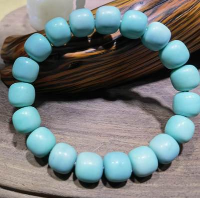 高瓷蓝松石桶珠手串佛珠男女款，高瓷蓝绿松石桶珠手串瓷度极高无铁线无杂质克重:37.2