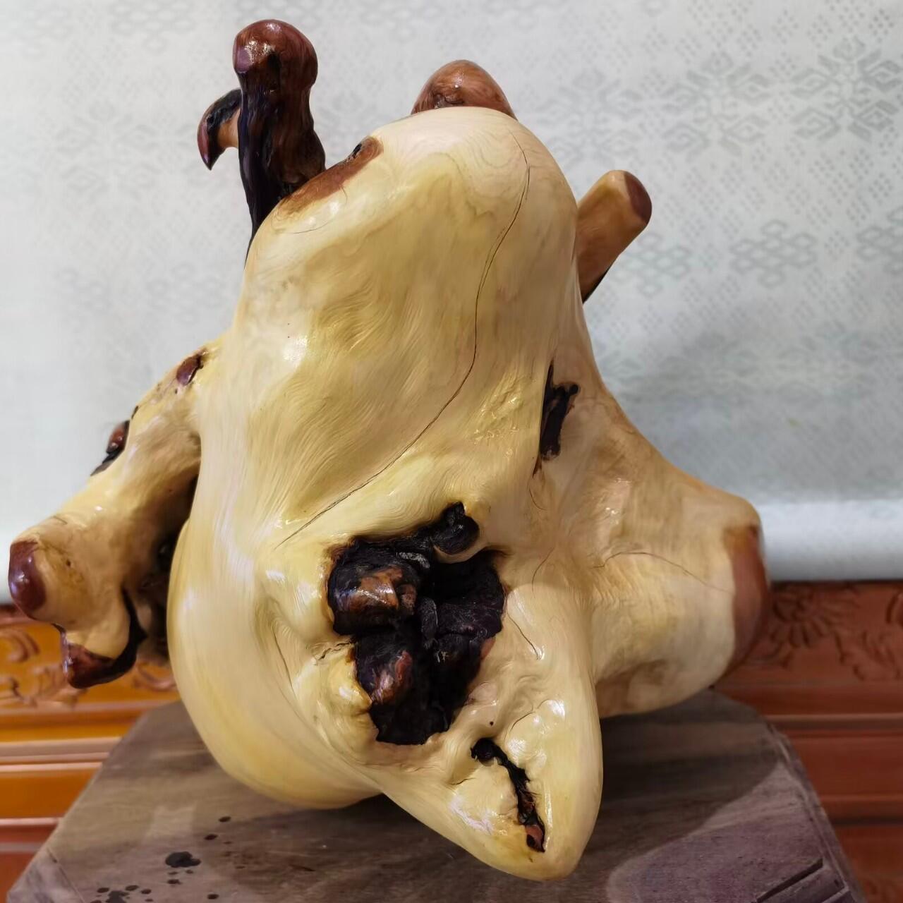 太行崖柏寿星公摆件乔迁、祝寿，太行崖柏三色崖柏寿星公，俏色巧雕原皮原色，雕刻细致入微，馈赠最佳伴手礼！尺寸：高；33长32宽22胡须衣襟处有轻微裂痕，无裂不崖柏，木制家具也会有裂痕属于正常现象，不影响摆放。介意者勿扰！