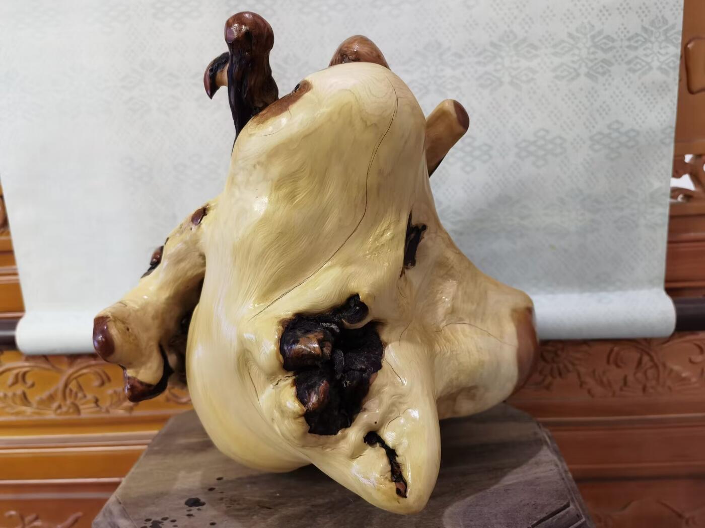 太行崖柏寿星公摆件乔迁、祝寿，太行崖柏三色崖柏寿星公，俏色巧雕原皮原色，雕刻细致入微，馈赠最佳伴手礼！尺寸：高；33长32宽22胡须衣襟处有轻微裂痕，无裂不崖柏，木制家具也会有裂痕属于正常现象，不影响摆放。介意者勿扰！