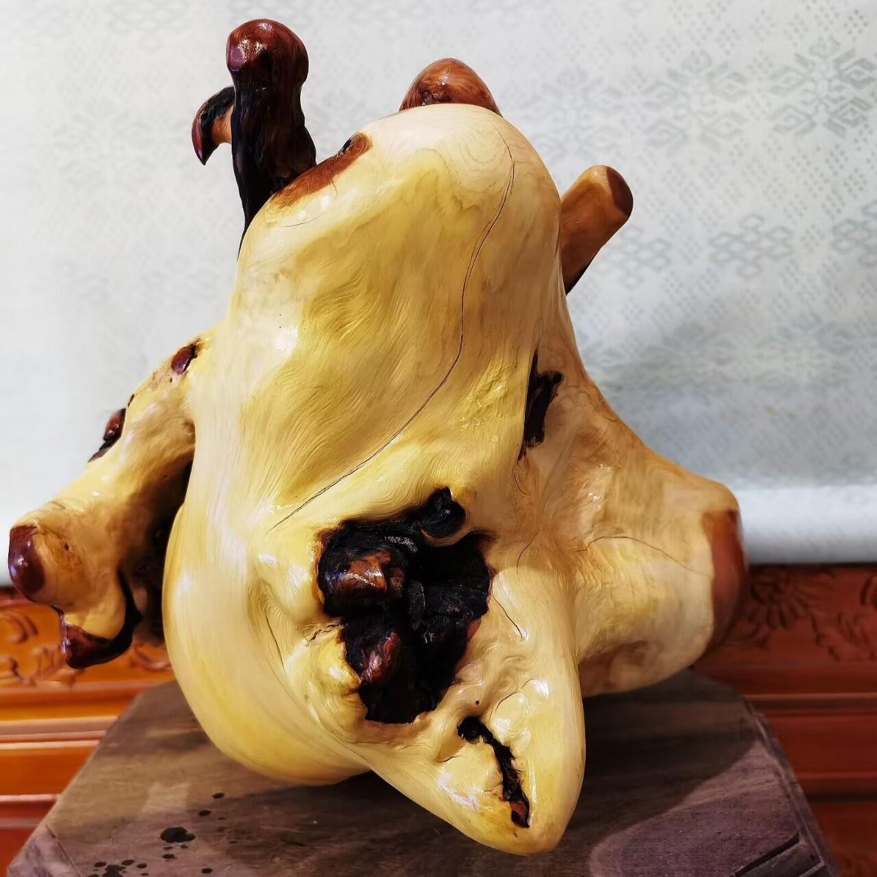 太行崖柏寿星公摆件乔迁、祝寿，太行崖柏三色崖柏寿星公，俏色巧雕原皮原色，雕刻细致入微，馈赠最佳伴手礼！尺寸：高；33长32宽22胡须衣襟处有轻微裂痕，无裂不崖柏，木制家具也会有裂痕属于正常现象，不影响摆放。介意者勿扰！