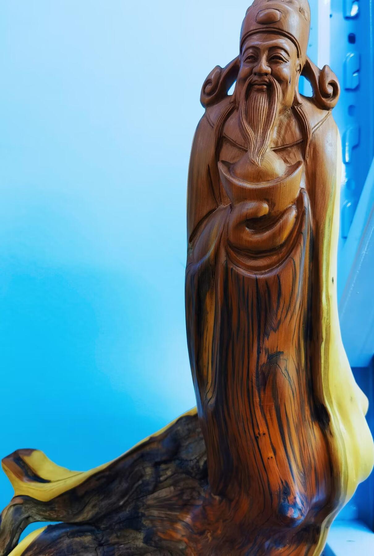 太行崖柏财神摆件，太行崖柏三色扭转虎皮原皮原色财神摆件，尺寸：含底座，高54宽27