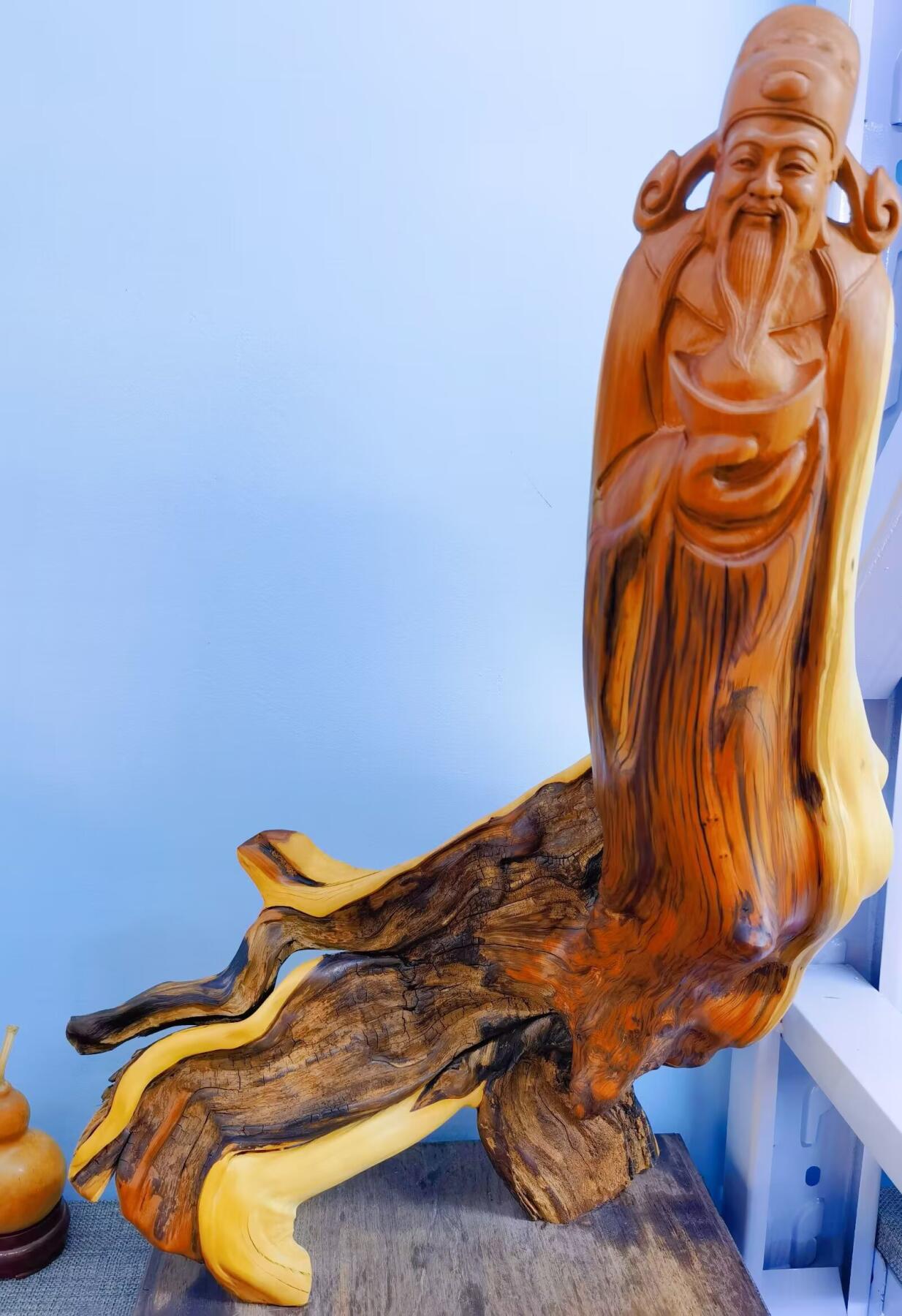 太行崖柏财神摆件，太行崖柏三色扭转虎皮原皮原色财神摆件，尺寸：含底座，高54宽27