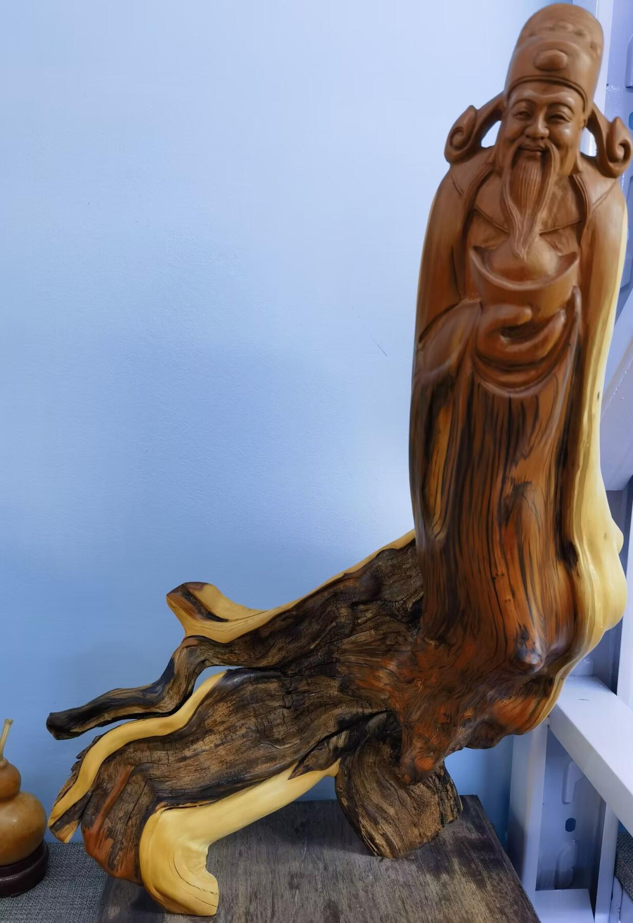 太行崖柏财神摆件，太行崖柏三色扭转虎皮原皮原色财神摆件，尺寸：含底座，高54宽27