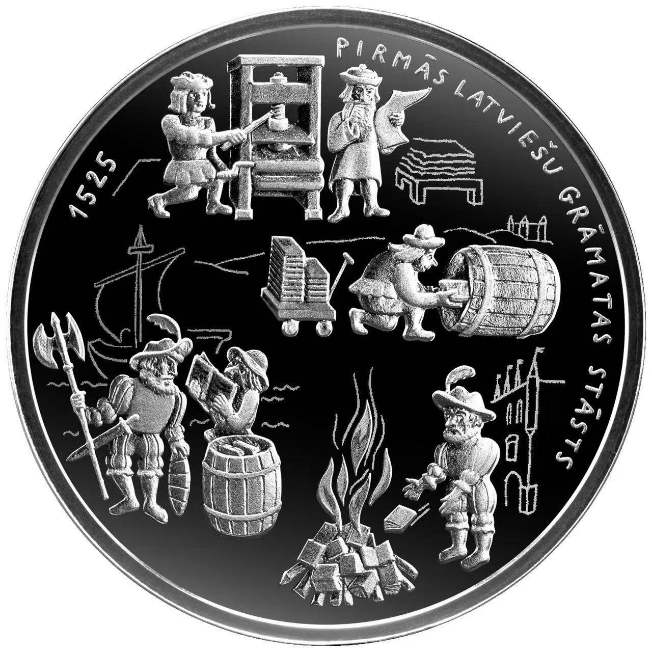 2025年拉脱维亚发行拉脱维亚语书籍500周年5欧元局部彩色精制纪念银币