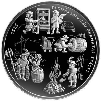 2025年拉脱维亚发行拉脱维亚语书籍500周年5欧元局部彩色精制纪念银币