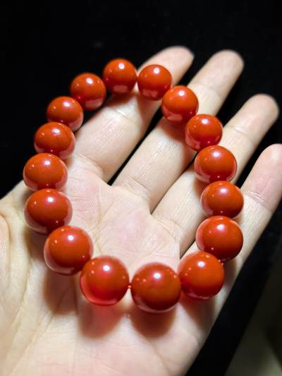 四川保山南红柿子红佛珠手串男女款，无烤色，满肉，尺寸：1.2cm